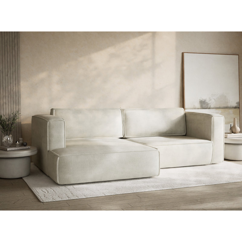Four-Seater Corner Sofa With Bed Function, Left Hand Facing, Light Cream Polyester/Chenille