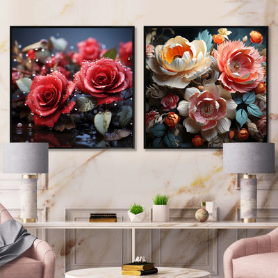 Crimson Rose Passion - Ensemble de 2 collages floraux carrés
