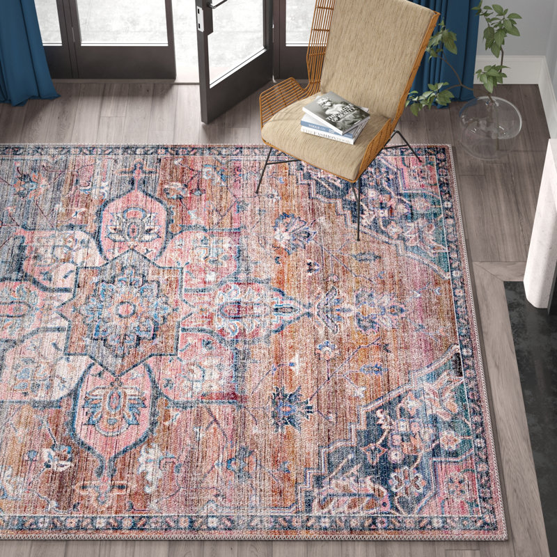 Tapis oriental rose / bleu Gwin, Rectangle 9 pi 2 po x 12 pi