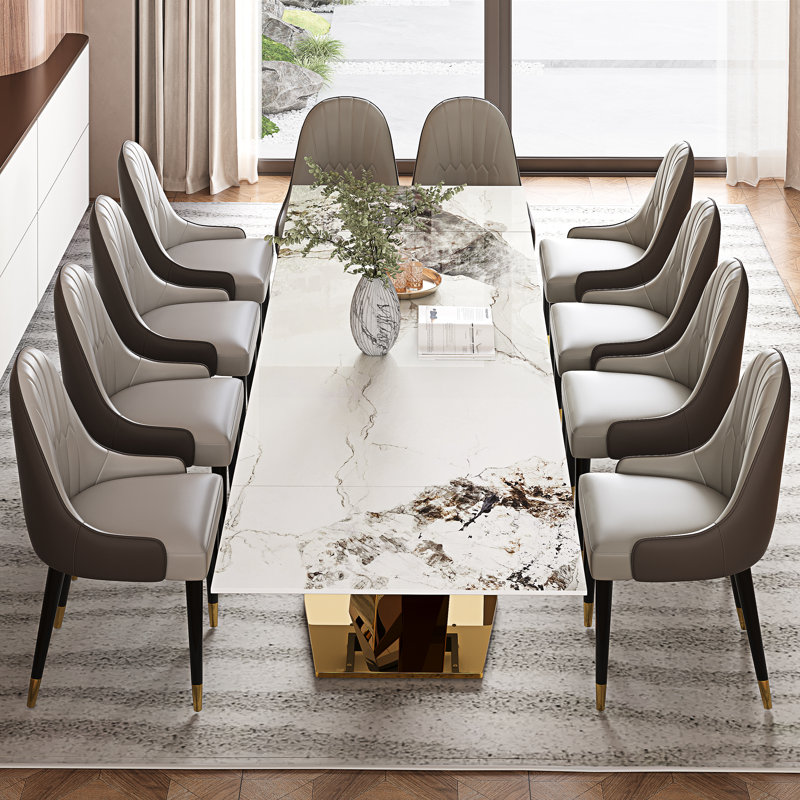 Dining Table Set With 94.5'' Extendable Sintered Stone Top And 8 Faux Leather Chairs, Beige, Gold, Cream