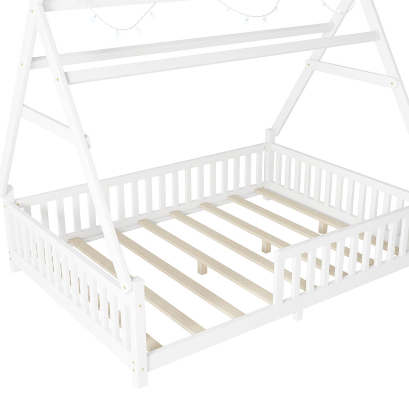 Lit double avec lumière, lit surélevé avec clôture et toit pour enfants, filles (blanc), Lit double, Blanc