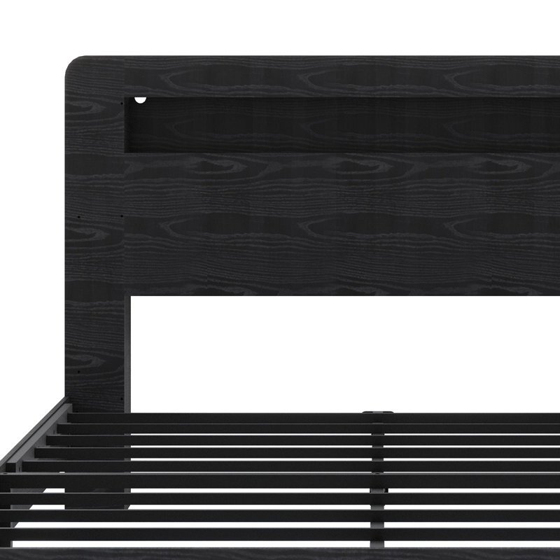 Base de lit plateforme avec tête de lit à DEL, charge USB et amplement de rangement sous le lit, Noir, Lit double