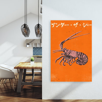 Orange Lobster Graphic Bold Retro Vintage Lobster Ocean Wall Art Print 1 Piece Wrapped Canvas Wall Art