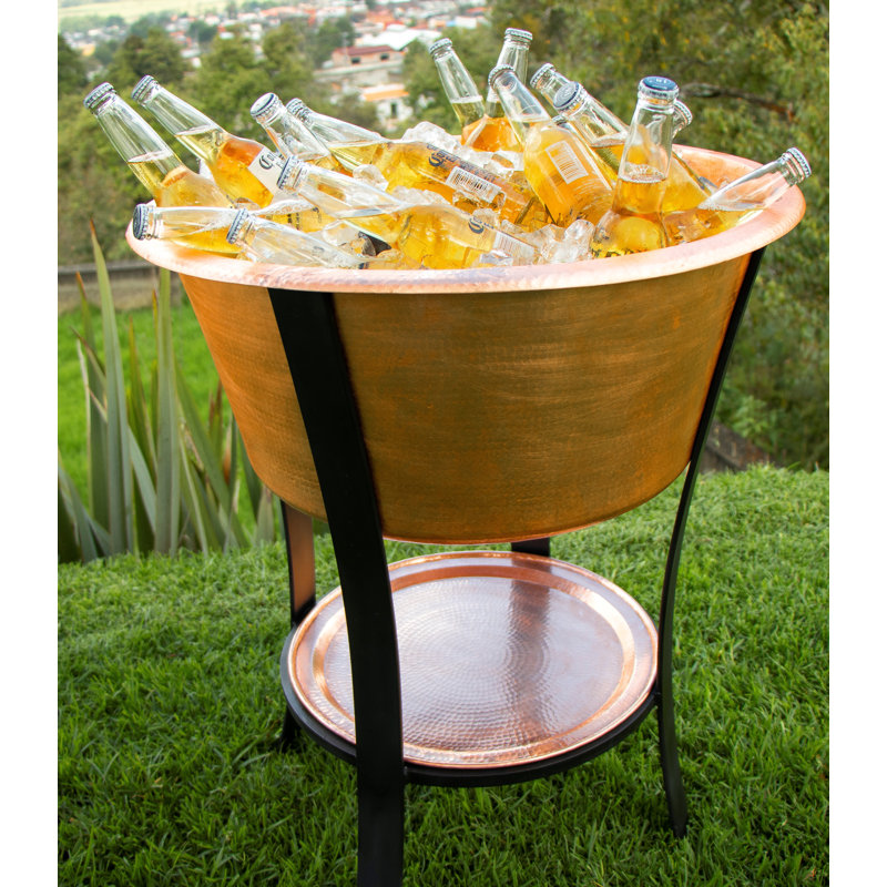 24" Round Hammered Copper Ice Bucket with Stand