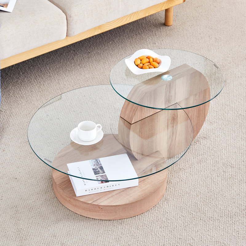Luxurious 35.4" Glass Top Round Nesting Coffee Table with 3-Tier Storage Shelves, Light Wood