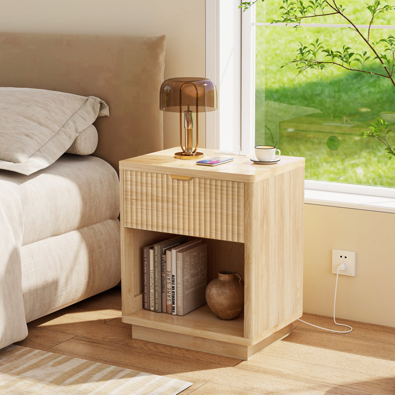 Rhythm Nightstand Set of 2 with Charging Station, Modern Fluted Wood Bed Side Table Set of 2, Natural, Set of 2, Natural