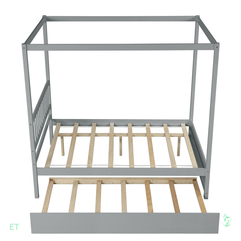 Aviance Platform Bed Frame, Wood Canopy Bed with Twin Trundle, Gray