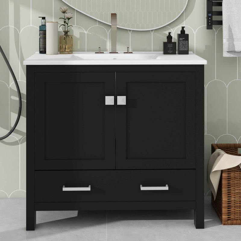 Meuble-lavabo 36 po avec lavabo en céramique, portes à fermeture douce, tablettes de rangement doubles et tiroir divisé, Noir