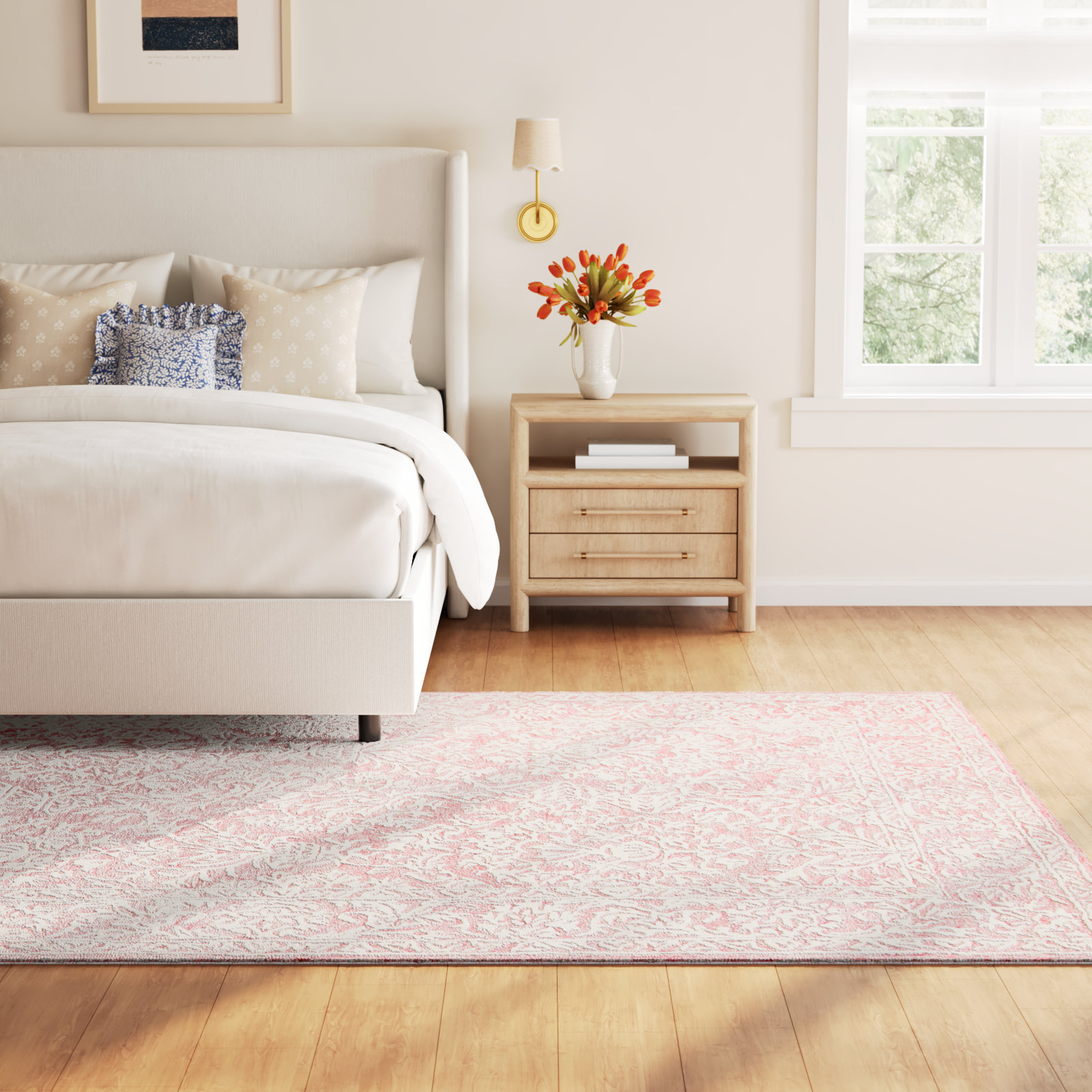 Teasdale Oriental Handmade Tufted Wool Area Rug in Pink/Ivory, Rectangle 8' x 10'