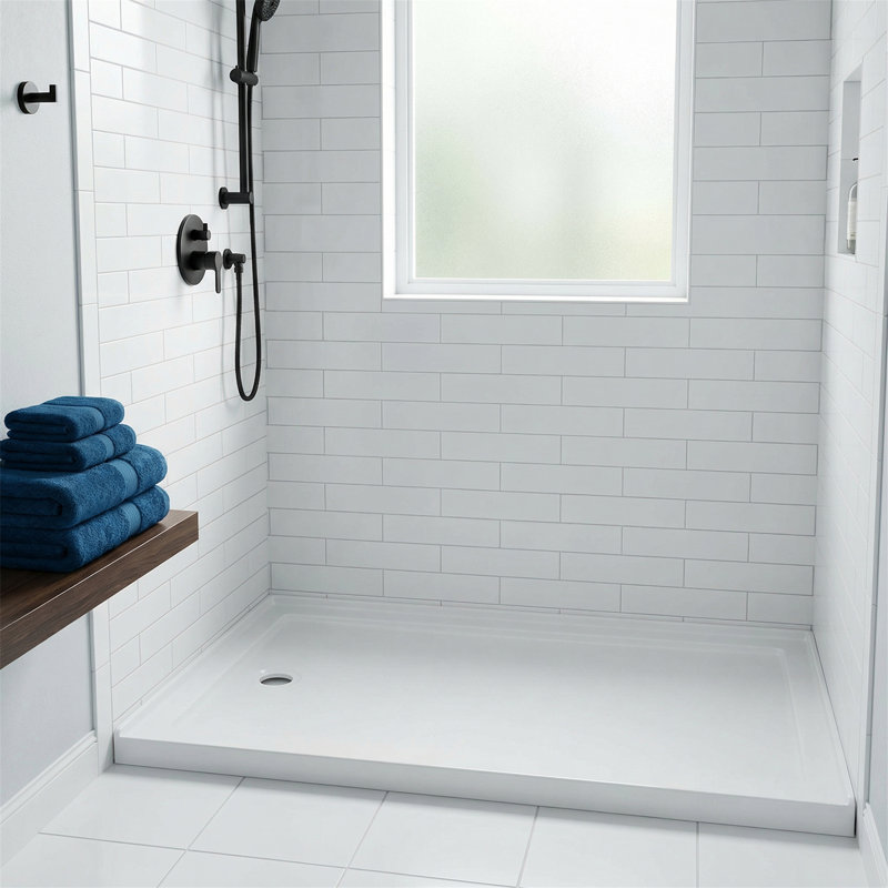 Base de douche en acrylique 60 po x 32 po antidérapante (drain à gauche), acrylique renforcé avec fibre de verre, seuil bas, bride de carrelage intégrée, 12 anneaux de support en PVC, certifié cUPC