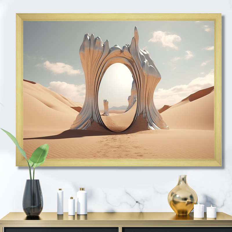 Porte à l'espace, paysage surréel IV - art mural surréalisme, Cadre doré à coins fermés, H 12 po x l 20 po x P 1 po