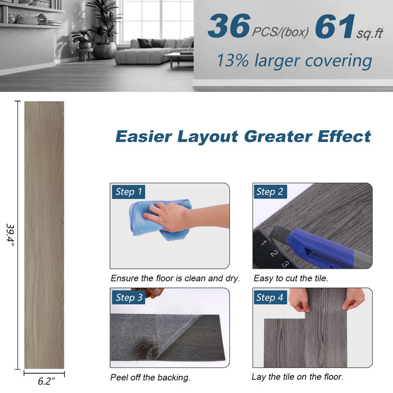 6.2" W x 39.4" L Peel and Stick Wood Look Vinyl Flooring,Self-adhesive Vinyl Flooring, Pecan Tan