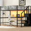 Lit mezzanine double en métal pleine grandeur noir avec bureau, escalier de rangement, garde-robe et lampe à DEL, attrayante avec petite lampe à DEL 7 couleurs, fonctionnelle et confortable