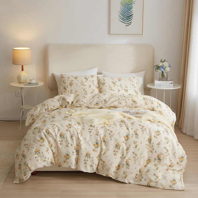  Ensemble de housse de couette en coton floral, Housse de couette simple et deux taies décorative, Motif floral jaune