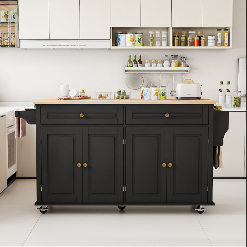 67" Kitchen Island W/sliding Drop Leaf And Drawers & Adjustable Shelves, Rolling Mobile Island Table With /spice Rack & Towel Rack & Drawers For Dining Room Kitchen Dining Room 