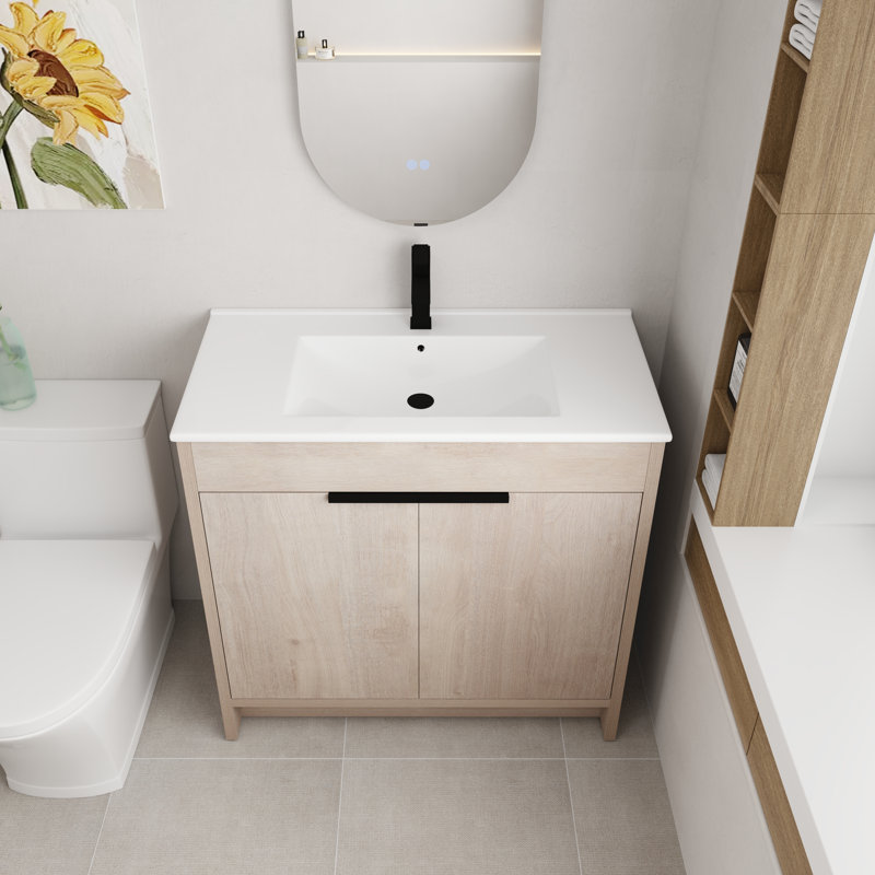 Kinslie 36'' Single Bathroom Vanity with Ceramic Top，2 Soft Close Doors and 1 Adjustable Shelf, Beige