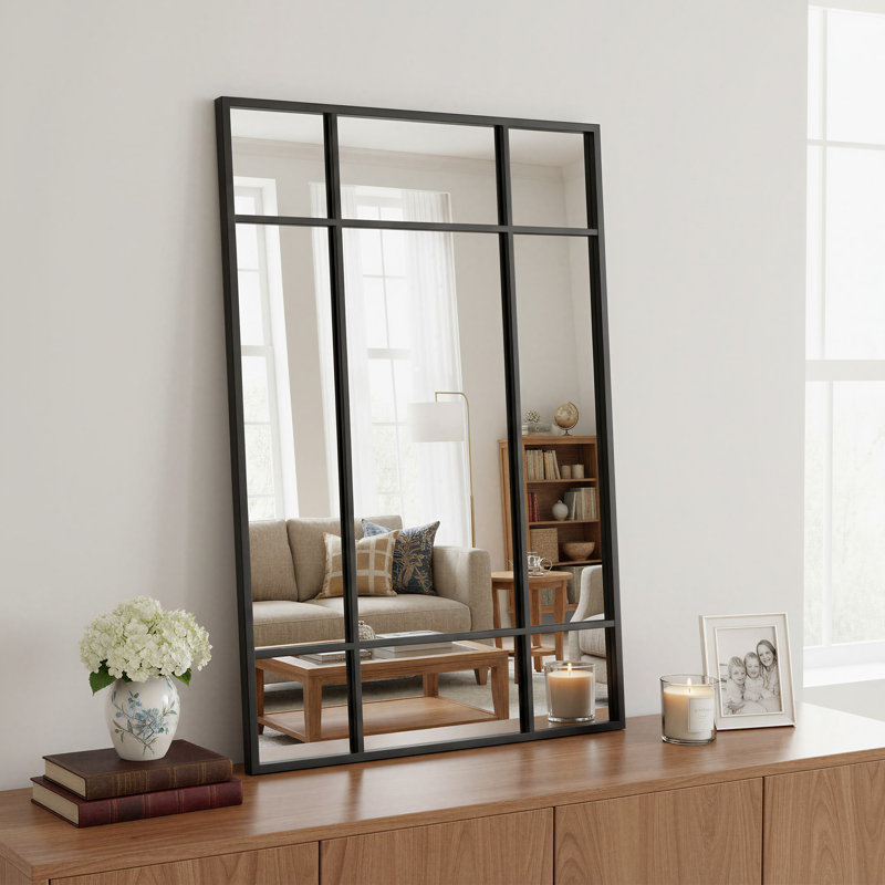 Rectangular grid right-angle wall mirror, black and gold, multiple sizes, 36" x 24", Black