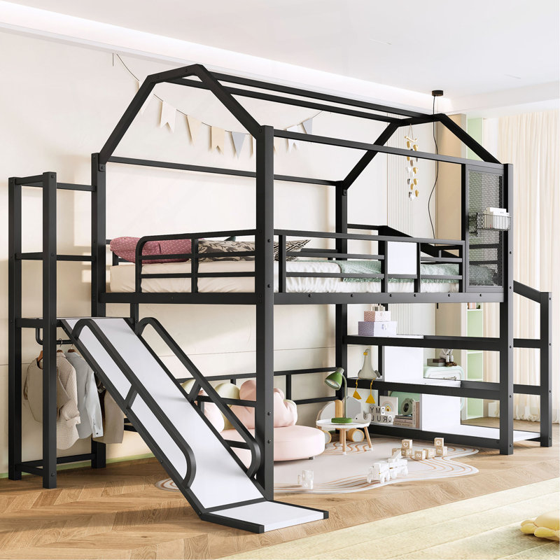 House Loft Bed With Slide And Stairs, Metal Playhouse Bed With Storage Shelves, House-Shaped Roof And Noise-Free Design, Full