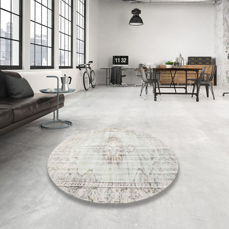 Tapis décoratif gris oriental kourde, Rond 5 pi