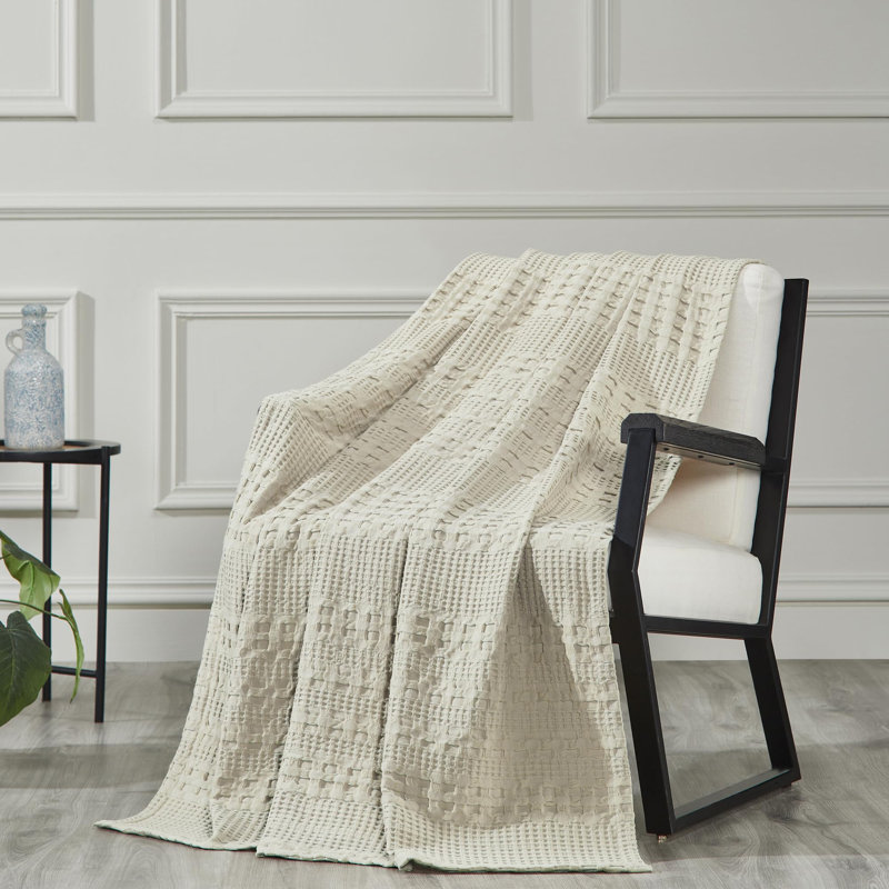 Natural Cream Waffle Weave Cotton Throw Blanket