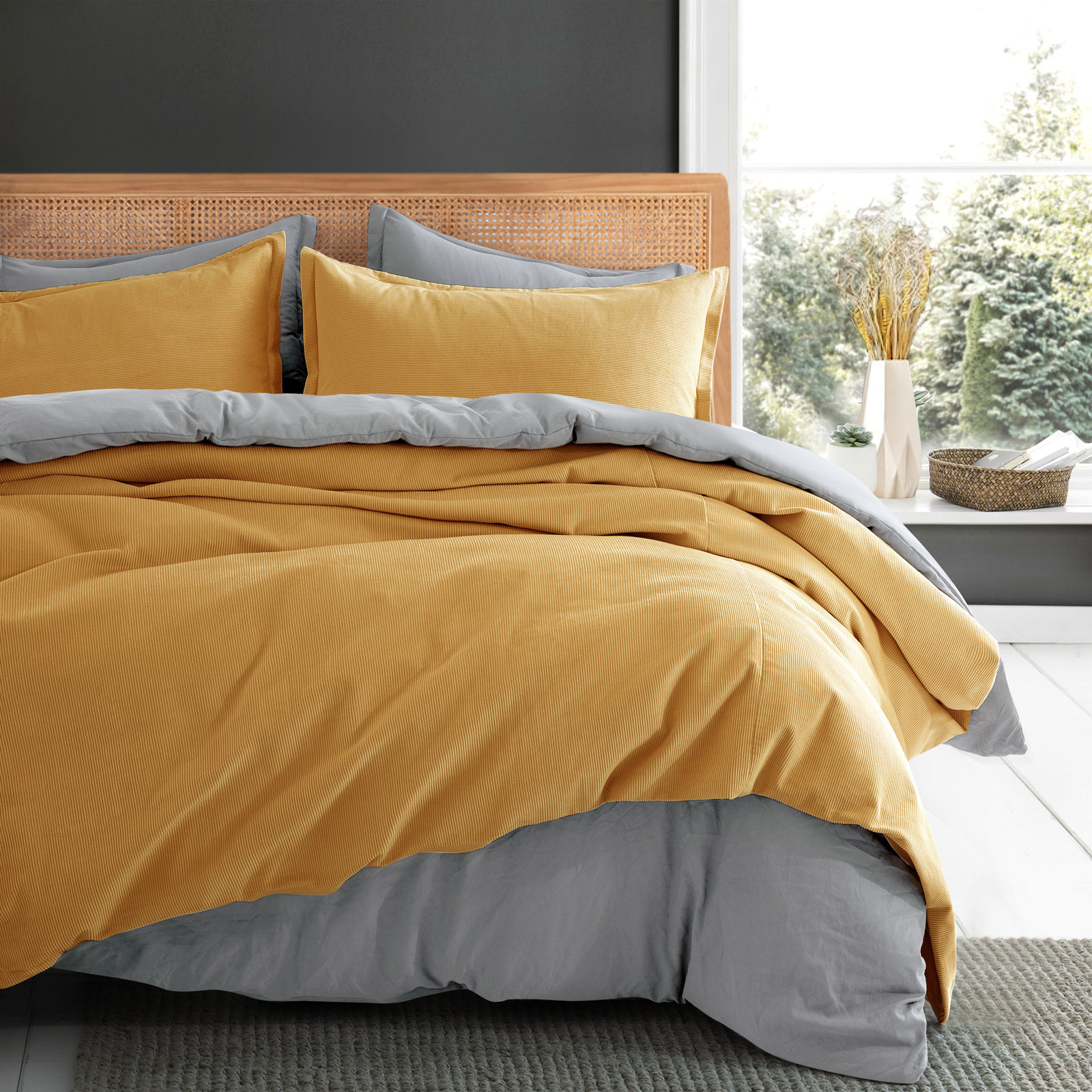 Neil Cotton Sateen Duvet Cover Set, Queen Duvet Cover + 2 Standard Pillowcases, Mustard Yellow