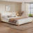 Linen Upholstered Platform Bed With Thick Headboard & Rubberwood Frame-118728746-118728748