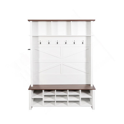 Farmhouse 4-In-1 Hall Tree With 6 Hooks, Walnut Entryway Bench With Shelves,  Wooden Style Rustic Shoe Organizer With 16 Open Compartments For Mudroom, Living Room, White (OLD SKU: N721P264915K)
