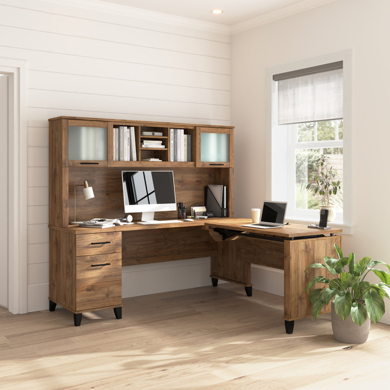 Paelynn 72” L-Shaped Sit to Stand Desk with Hutch, Adjustable Height, Storage, Modern Wood, Fresh Walnut, Fresh Walnut