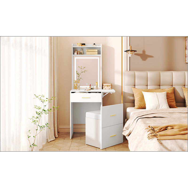 Small Vanity Desk with Mirror and Light, Dressing Table with Charging Station & Fold-up Panel for Small Space, Compact Makeup Vanity Set with Hidden Stool for Bedroom