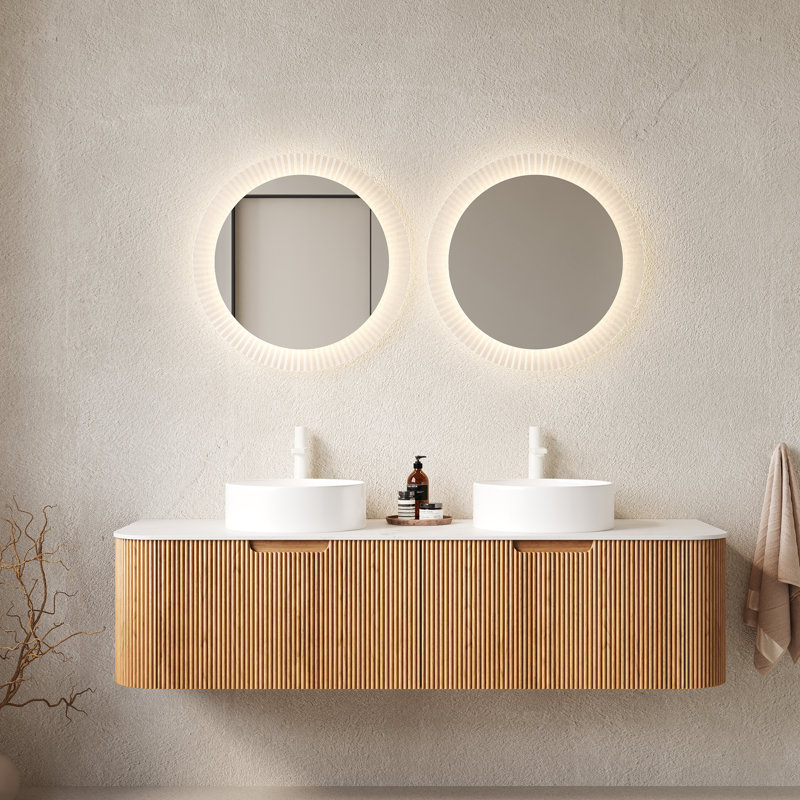 Meuble-lavabo mural 60 po avec lavabos et rangement en céramique, Bois naturel