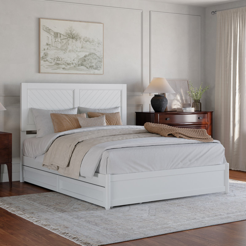 Lamarkus Solid Wood Storage Platform Bed with Footboard & Under Bed Drawers, White, Queen