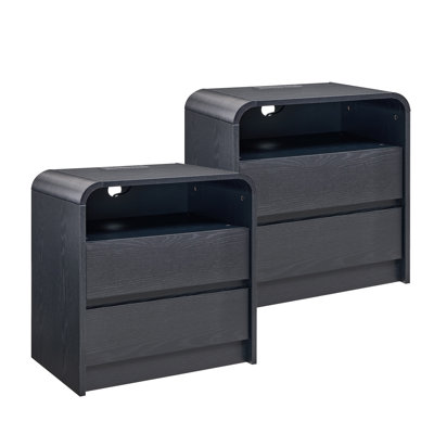 25" Tall End Table with 2 Storage Drawers, Small Side Table with Charging Station, Bedroom, Living room, Curved Contour Design (2 Sets)