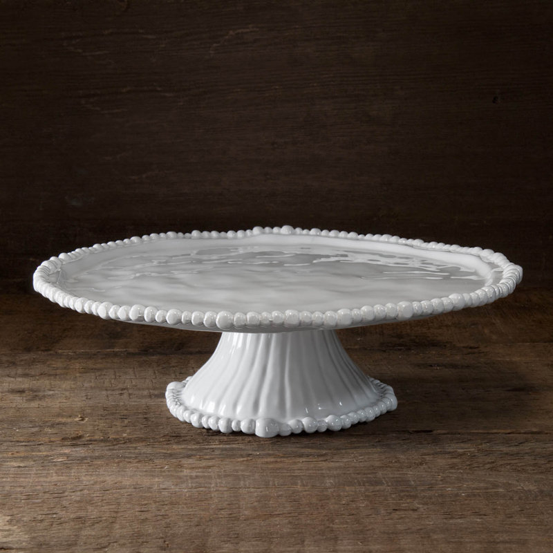 White Oval Ceramic Pedestal Cake Stand with Pearl Details