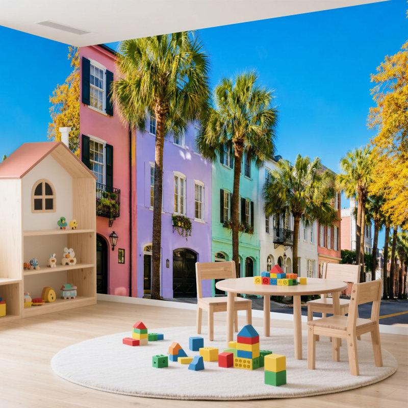 Peel and Stick Wallpaper 100" L x 144" W Modern Self Adhesive Wall Mural for Bedroom - With Colourful Architecture Print