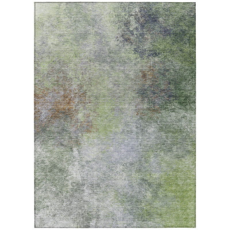 Tapis d'extérieur lavable abstrait vert et cuivre 5 pi x 8 pi Fern