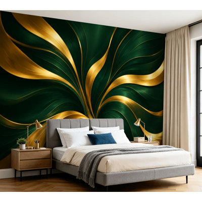 Wall Mural Peel and Stick Wallpaper Luxury golden emerald Abstract gold line arts green emerald design for Self-Adhesive Removable Contact Paper Wall Decor for Living Room Bedroom 100"H x 144"W