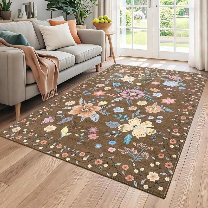 Non-Slip Runner Rug, 2x6 Floral Low Pile Kitchen and Hallway Carpet, Ultra-Thin Indoor Floor Mat for Bedroom, Black
