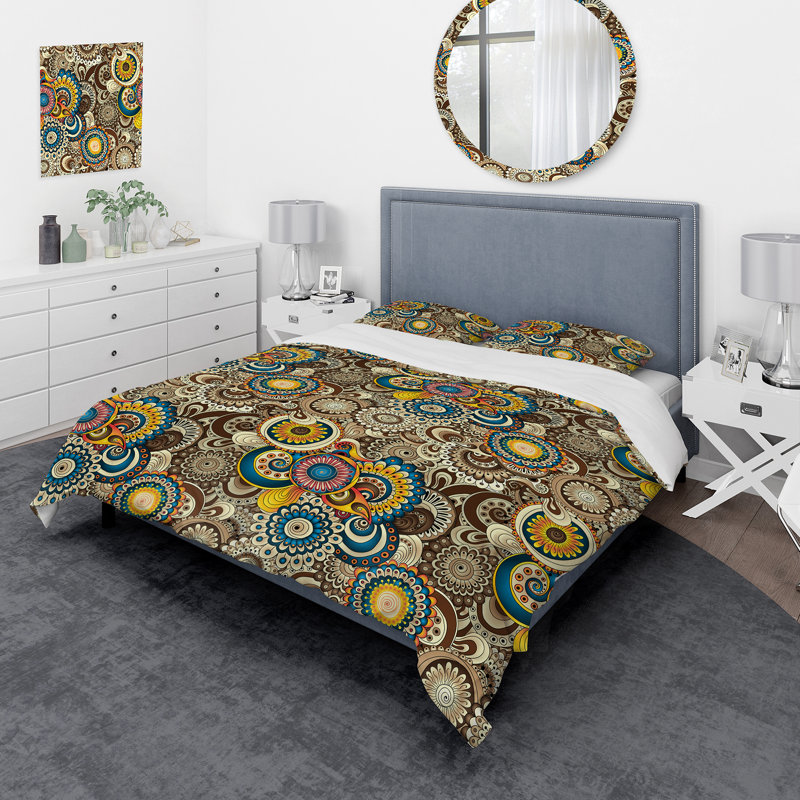 Ensemble de housse de couette en microfibre bleu / brun / jaune Pipina, Housse de couette pour grand lit + 2 taies décora
