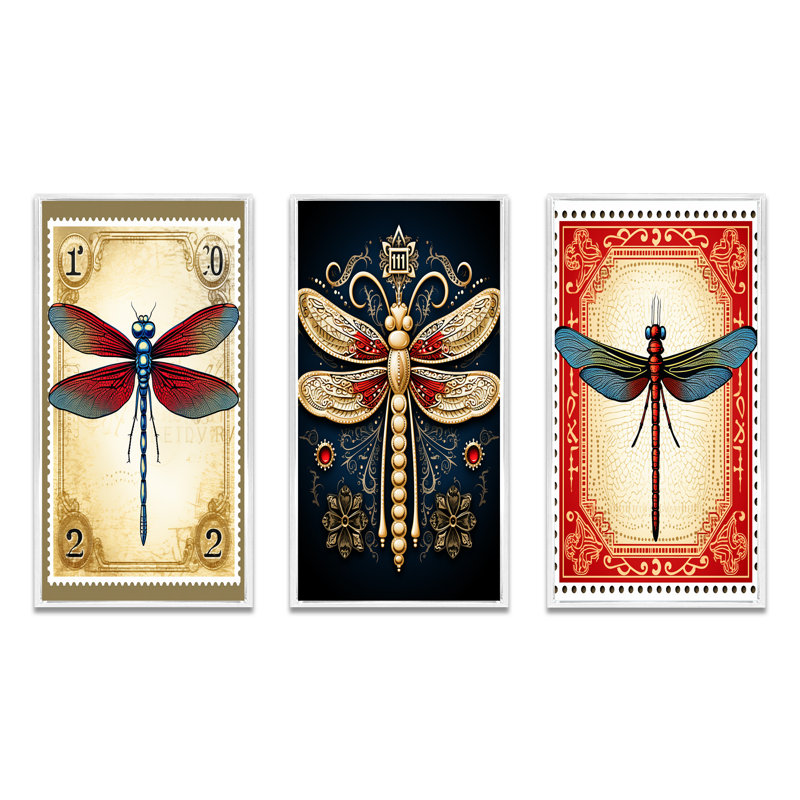 «Retro Stamp Illustration Of Red Dragonfly», 3 pièces sur toile, Cadre blanc, H 28 po x l 36 po