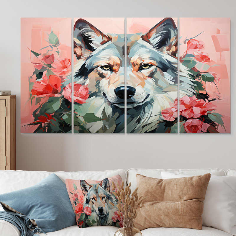 «Rose and Green Boho Wolf Portrait IV - Wolf», art mural sur toile, H 28 po x l 48 po