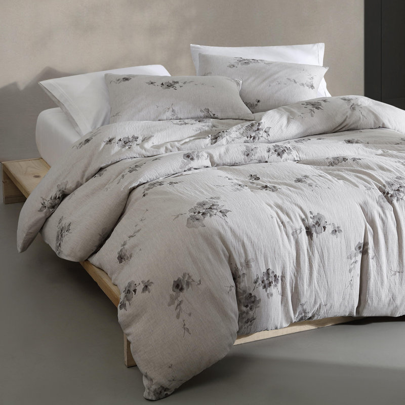 King Size Gray Floral Cotton Duvet Cover Set