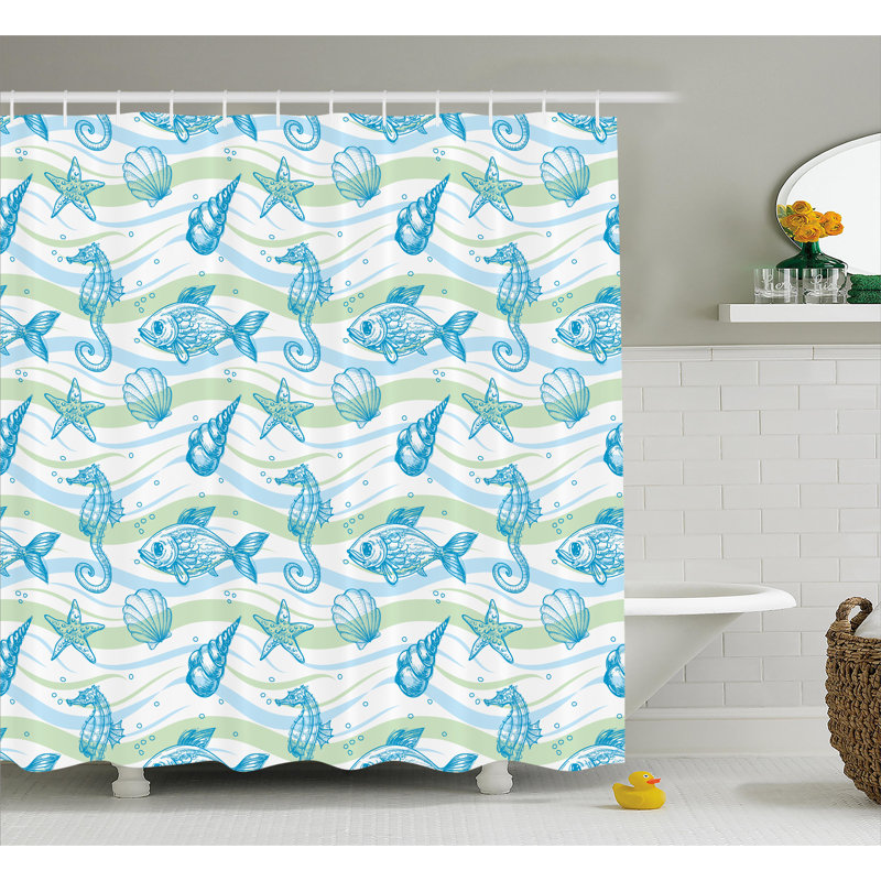 Rideau de douche et crochets de douche étoile de mer ocean shell Roxanna, H 84 po x l 69 po