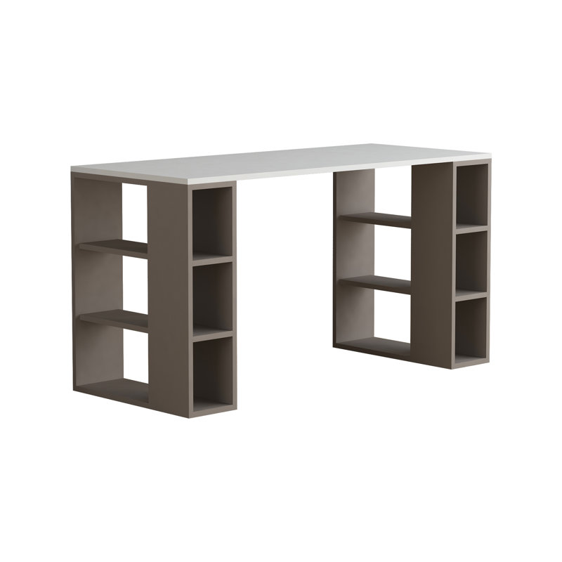 Simone Modern Desk with Built-in Bookcase – Stylish Workspace Desk with 6 Open Shelves, 75"H x 140"W x 60"D, Light Mocha