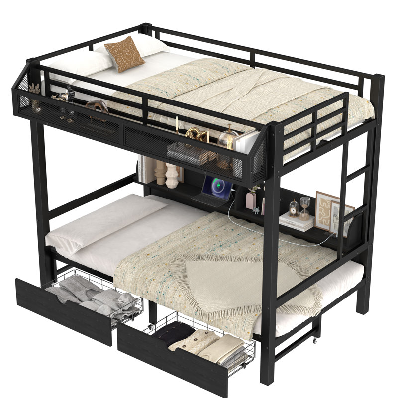 Twin XL over Twin XL Metal Bunk Bed with Storage Shelves & Drawers, USB Ports, LED Lights, Convertible Sofa Bed, Black, Black