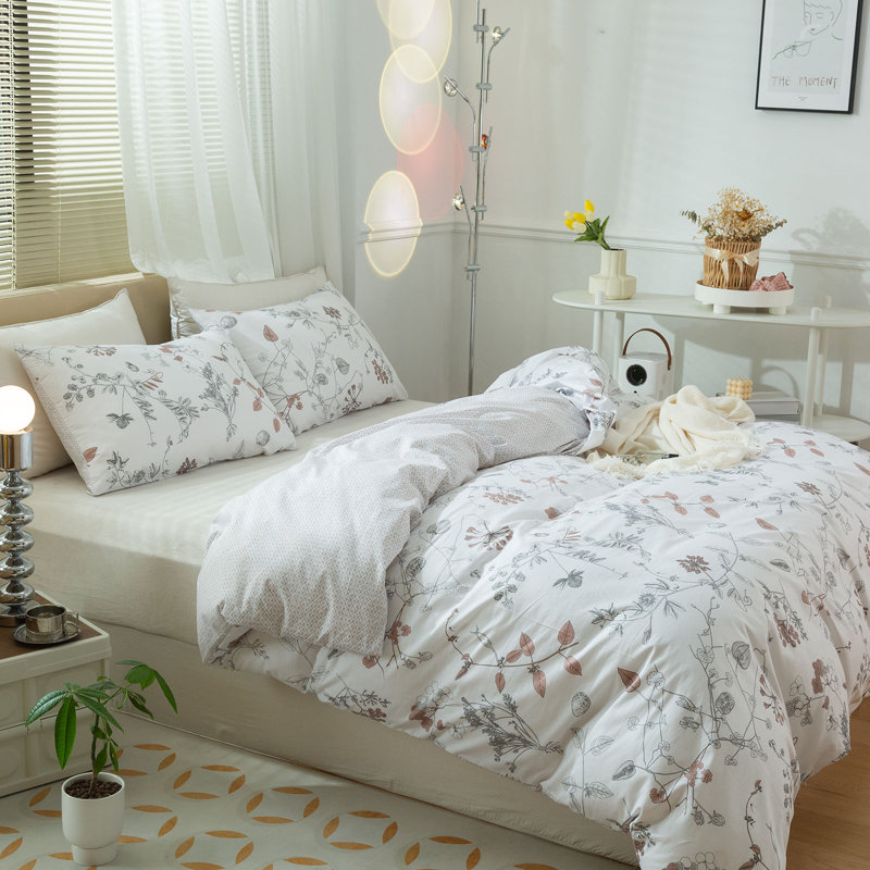  Ensemble de housse de couette en coton floral, Housse de couette simple et deux taies décorative, Floral blanc