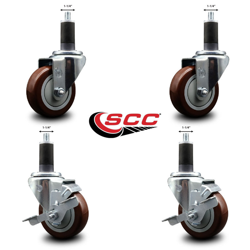 Ensemble de roulettes extensibles pivotantes en poly sur roulettes 2 freins SCC TLB 3,5 po x 1-1 / 4 po, Marron