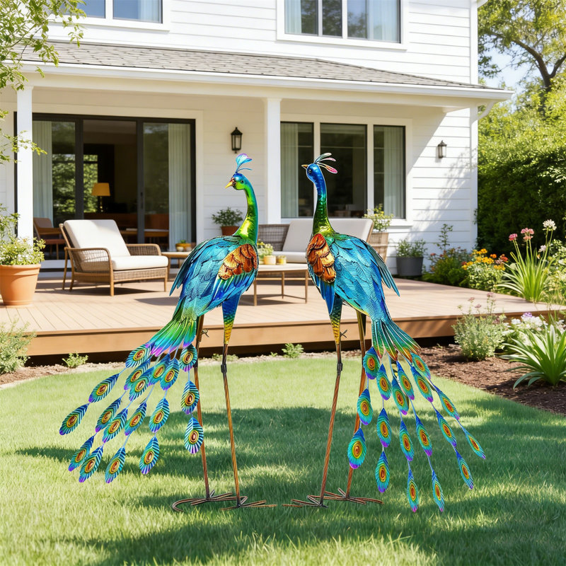 Statue de paon en métal 32 po d'extérieur - art de jardin pour la pelouse, patio, cadeau pour les amoureux du jardin, cadeau de pendaison de crémaillère