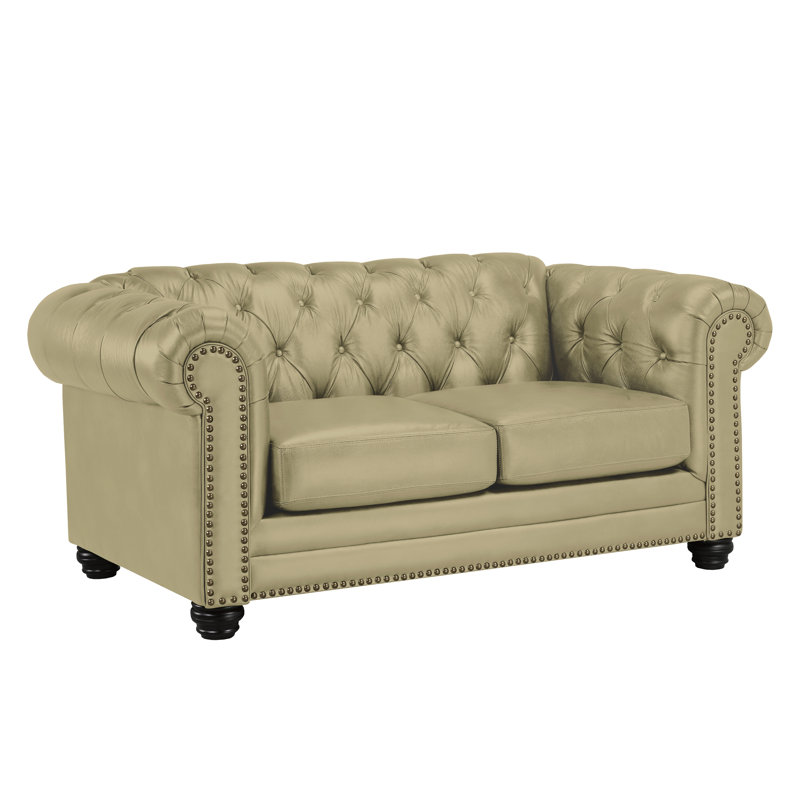 Ornellas 70" Leather Rolled Arm Chesterfield Loveseat, Tan Leather Match