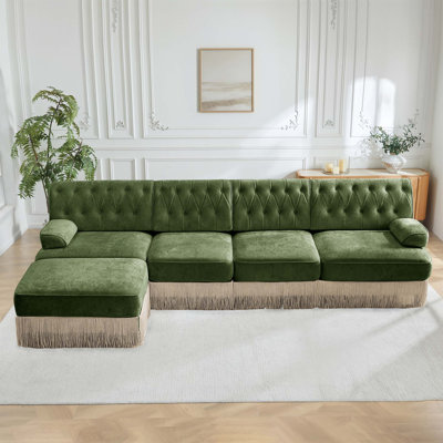 Canapé modulaire en velours Chesterfield avec jupe à pampilles et design ergonomique