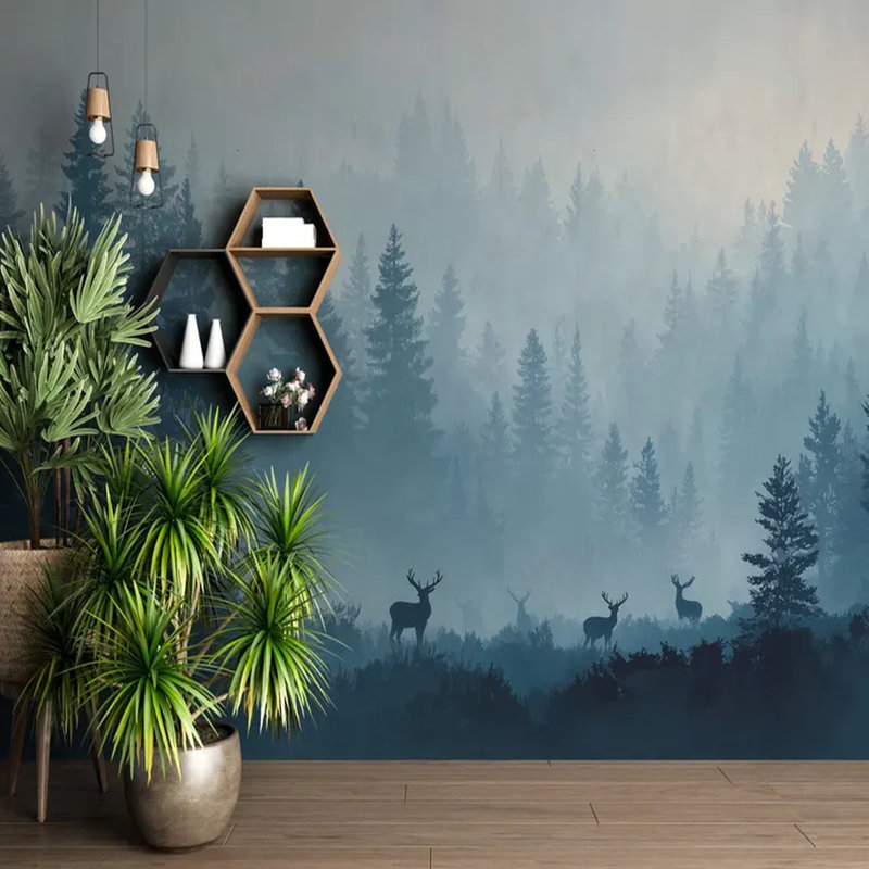 Murale de forêt de pin bleu avec silhouette de cerf, L 108 po x l 96 po